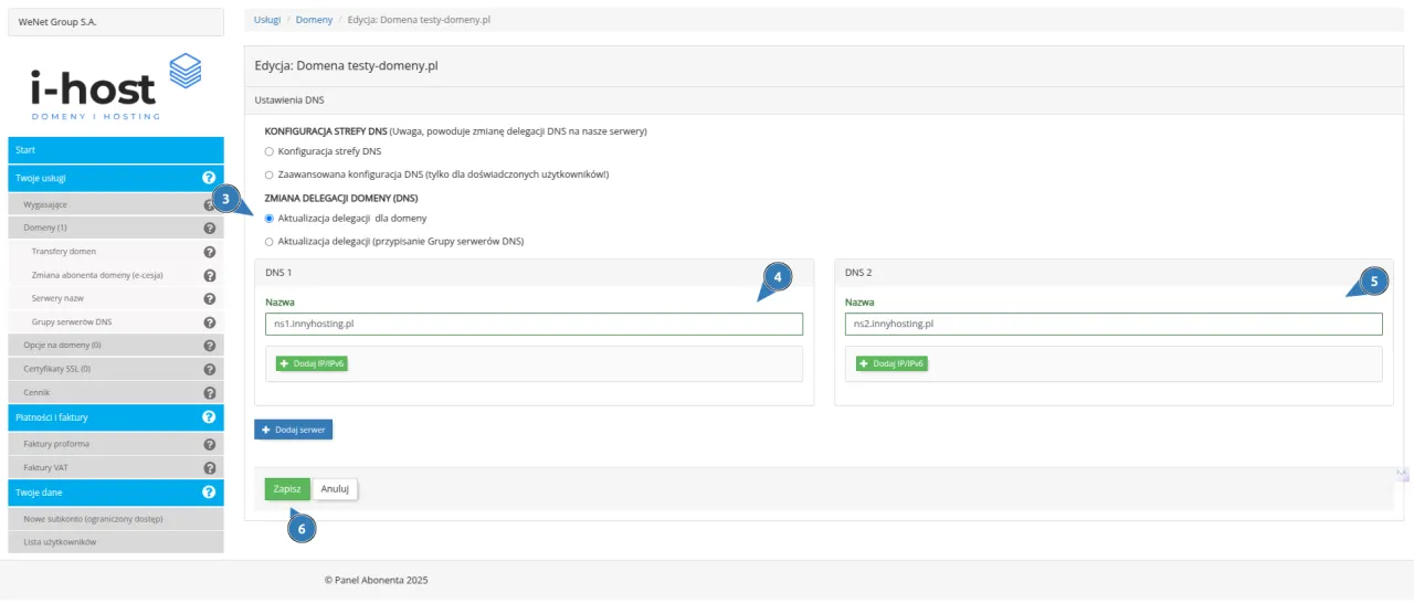 Konfiguracja delegacji domeny: aktualizacja delegacji dla domeny testy-domeny.pl, wpisanie serwer&oacute;w ns1.innyhosting.pl i ns2.innyhosting.pl.