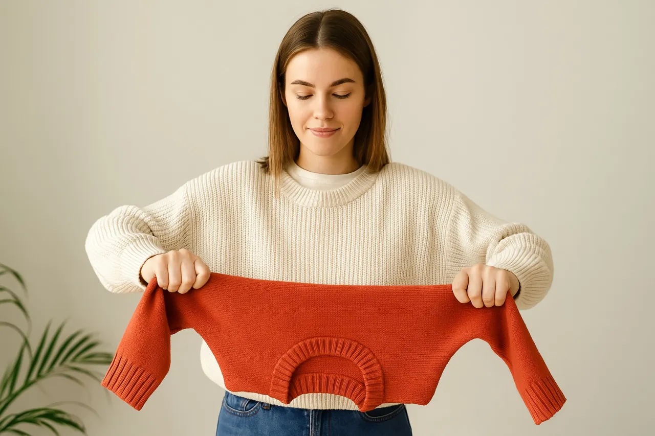 Kobieta trzyma pomarańczowy sweter, pokazując, jak uratować skurczony sweter z wełny.