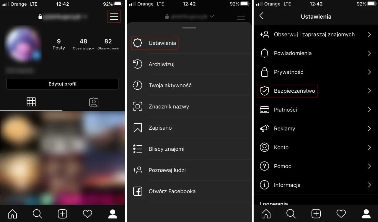 Jak zrobic prywatne konto instagram? Kliknij w menu, potem Ustawienia, a następnie Bezpieczeństwo.