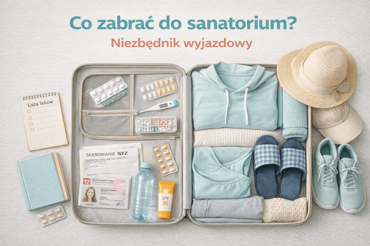Co zabrać do sanatorium? Lista leków, skierowanie, ubrania, klapki, buty, kapelusz i krem z filtrem.