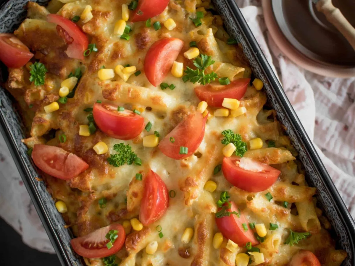 Zapiekanka z makaronu nitki z kukurydzą i pomidorami, posypana serem. Idealny pomysł, co zrobić z ugotowanego makaronu nitki.