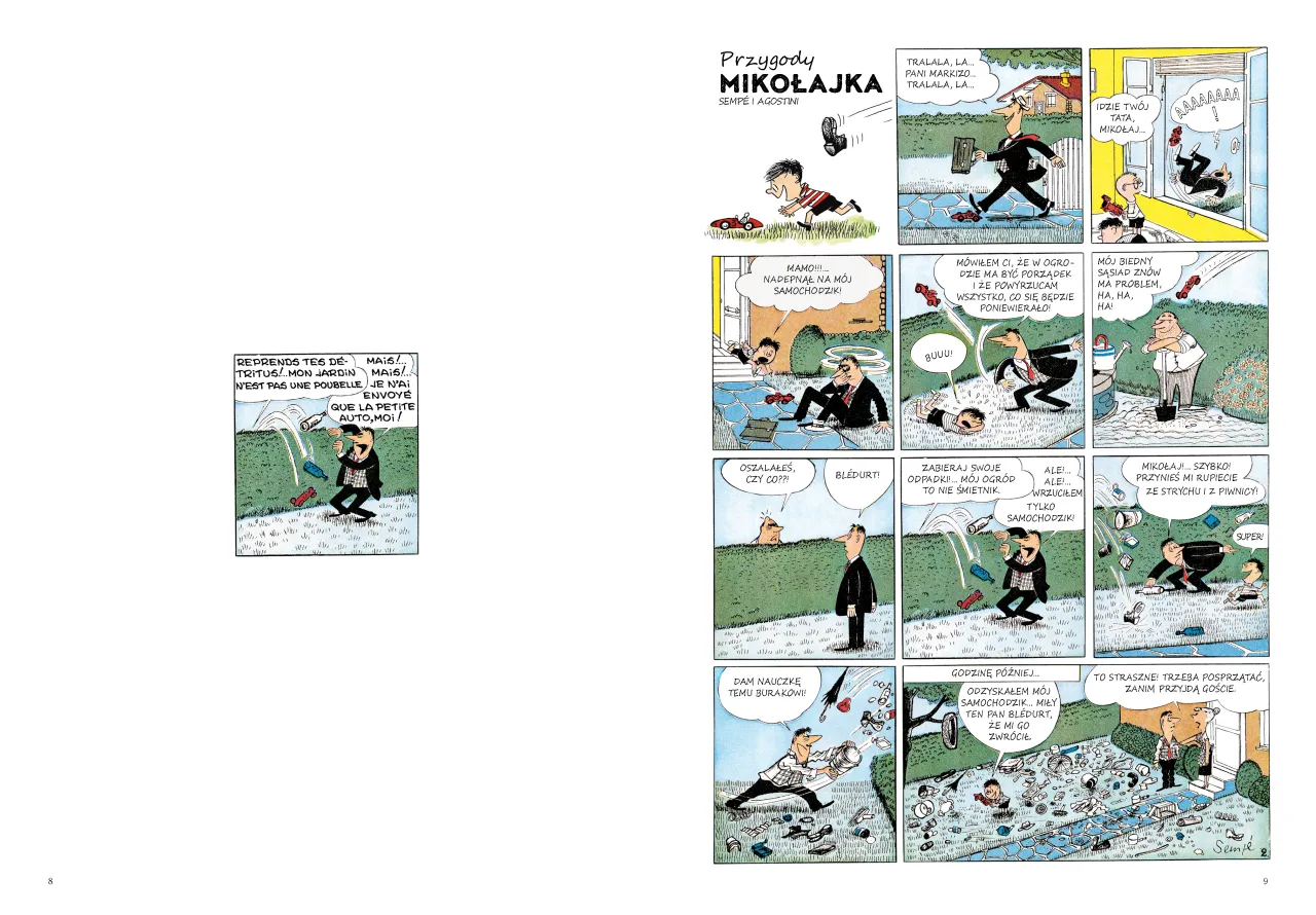 Jak zrobić komiks o Mikołajku? Zobacz, jak tata pr&oacute;buje posprzątać ogr&oacute;d po zabawie syna z samochodzikami.