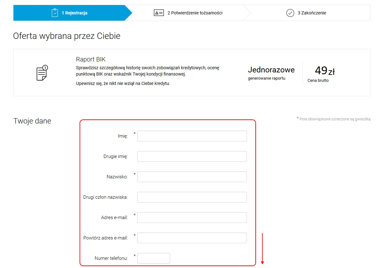 formularz rejestracji na stronie BIK.pl