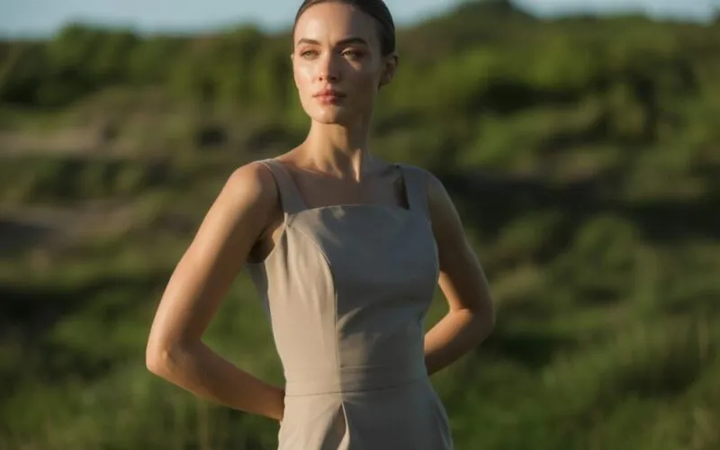 kobieta w monochromatycznej stylizacji pionowe linie dekolt V-neck