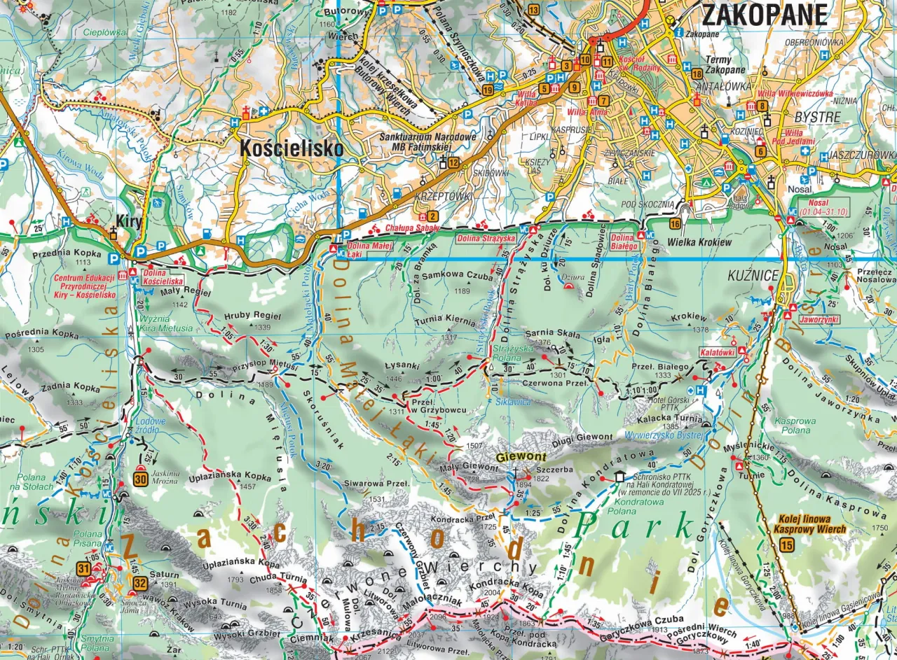 Mapa Zakopanego z zaznaczonym centrum i obrzeżami