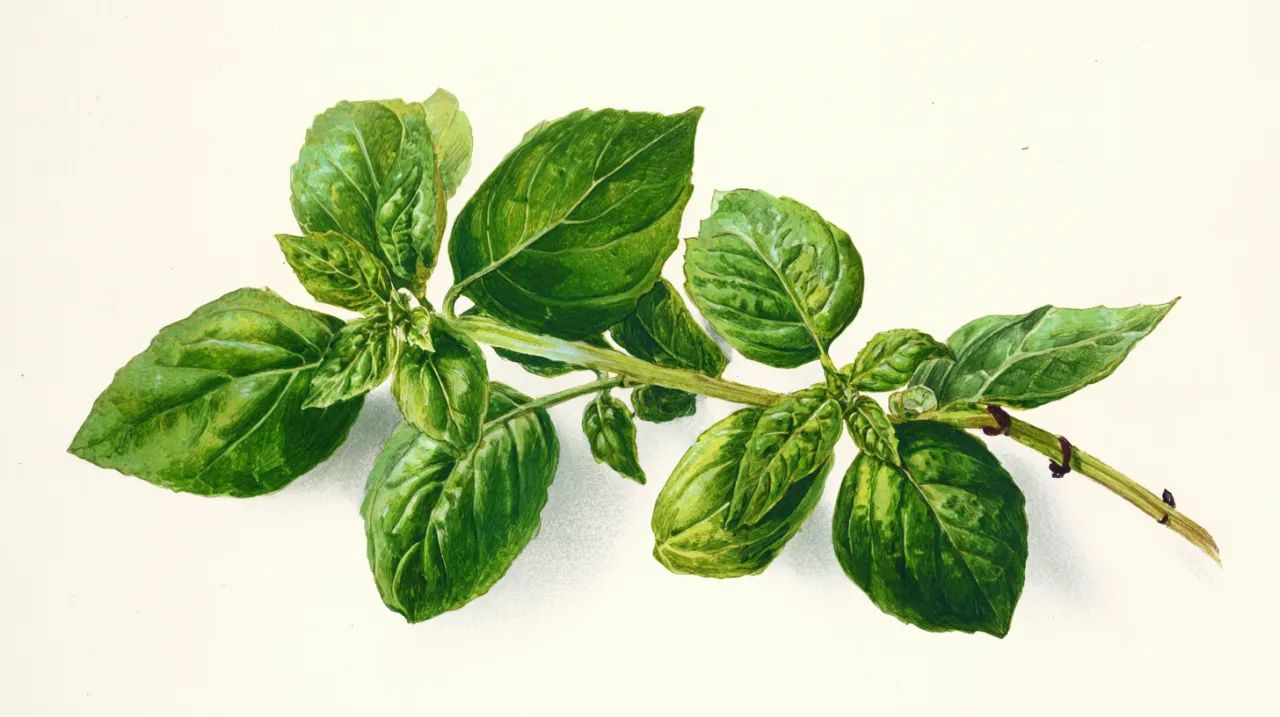 Gałązka bazylii z zielonymi liśćmi, idealna do nauki, jak przycinać bazylię, by rosła bujniej.