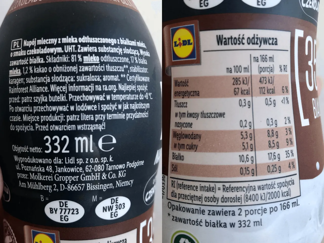 Napoje proteinowe Pilos High Protein etykieta skład