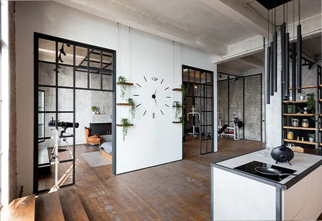 Szara podłoga betonowa i czarne meble w stylu loft, industrialne wnętrze