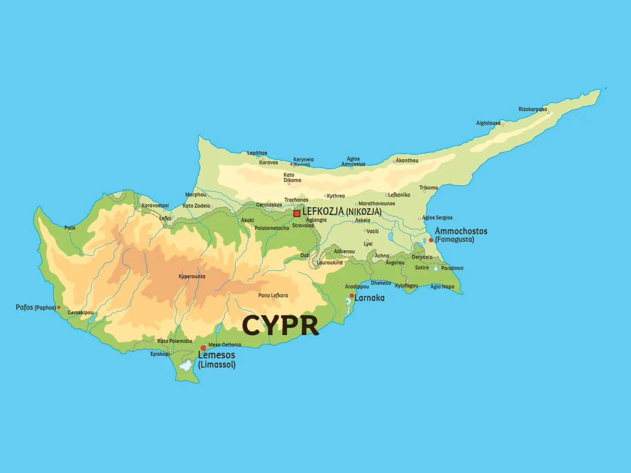 Mapa Cypru z zaznaczonymi gł&oacute;wnymi miastami: Limassol, Nikozja, Pafos, Larnaka