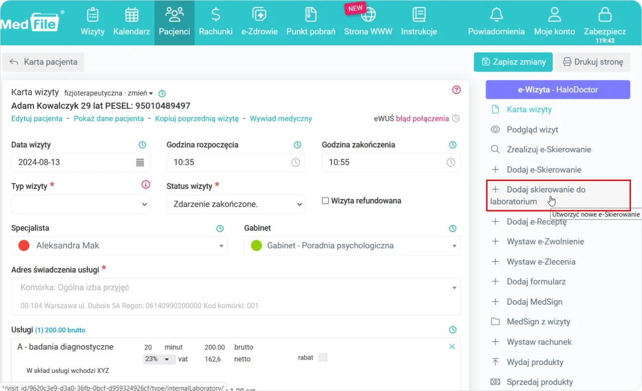 Dodaj skierowanie do laboratorium, co jest ważne dla dalszej diagnostyki pacjenta Adama Kowalczyka.