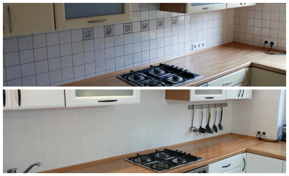 Malowanie płytek kuchennych przed i po