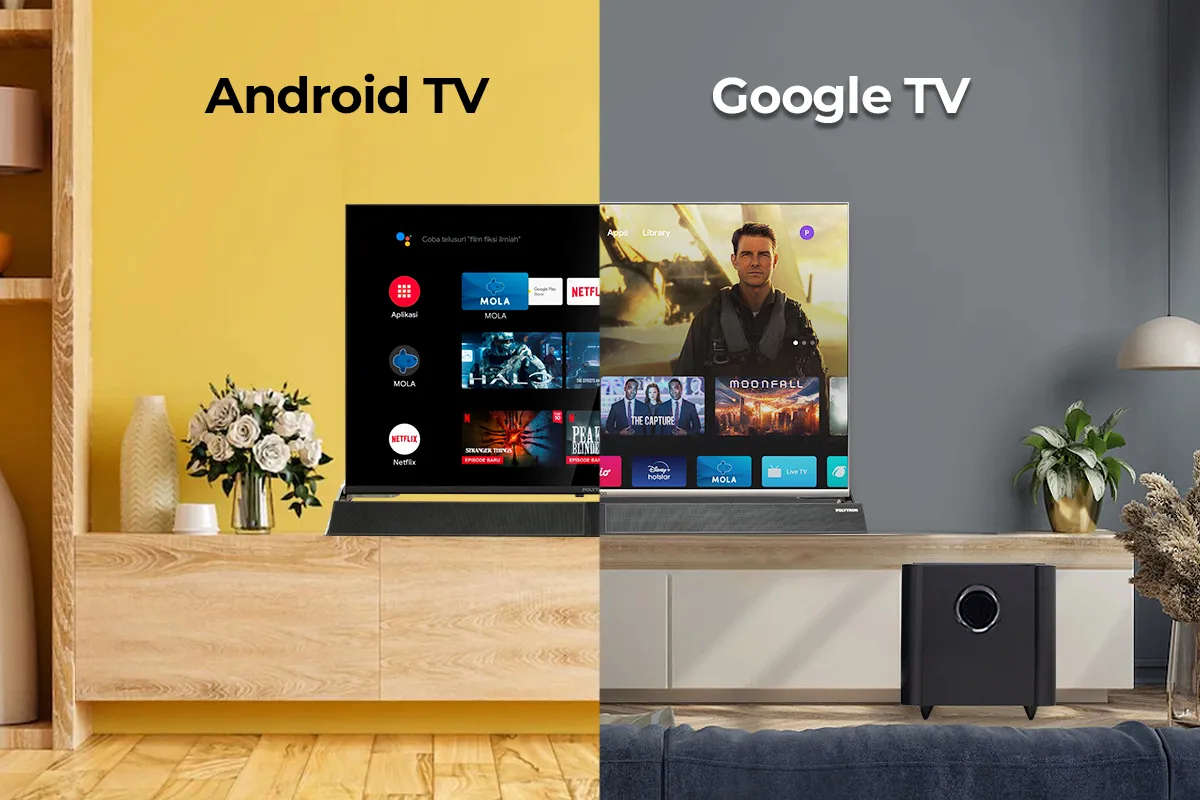 Porównanie interfejsów Android TV i Google TV. Aplikacja Google TV oferuje spersonalizowane rekomendacje filmów i seriali.