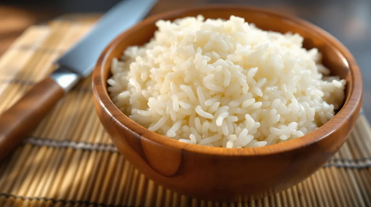 Miseczka ryżu do sushi, obok n&oacute;ż. Zastanawiasz się, ile octu do sushi?