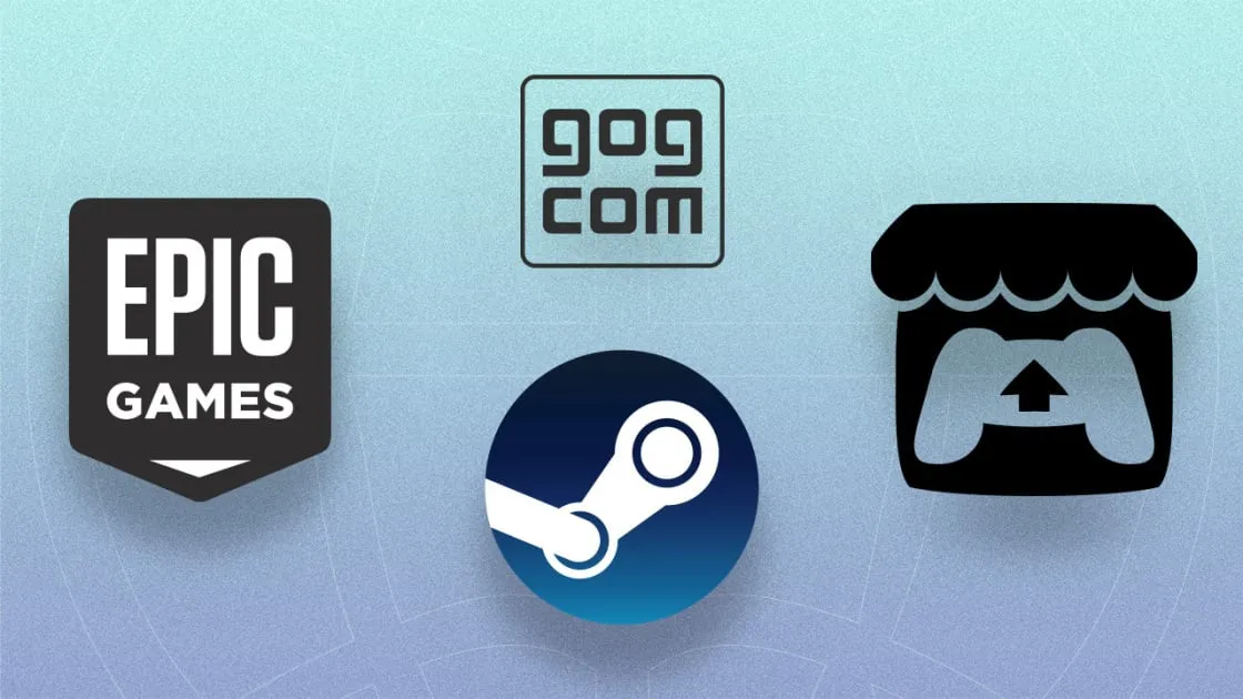 Loga platform Epic Games Store, Steam, GOG, itch.io