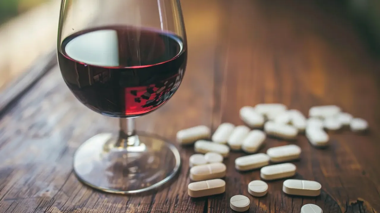 Tabletki i kieliszek alkoholu na stole