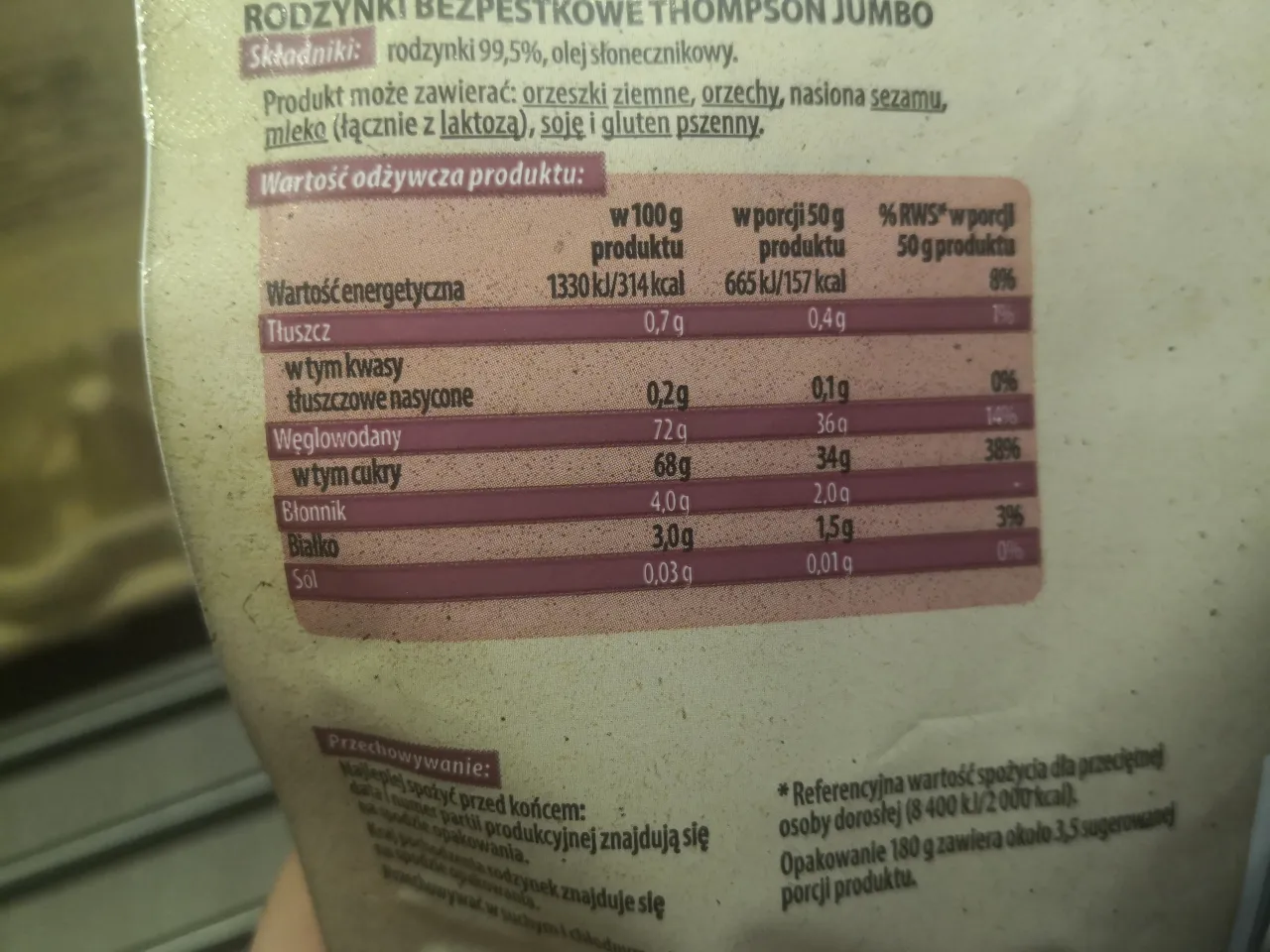 tabela wartości odżywczych rodzynek infografika