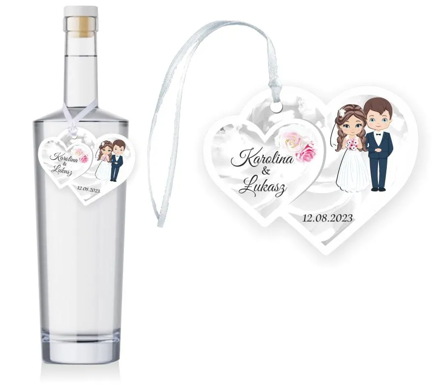 personalizowana etykieta na butelkę w&oacute;dki weselnej z imionami pary młodej