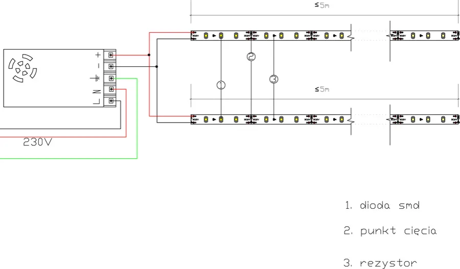 schemat podłączenia led do włącznika z zasilaczem