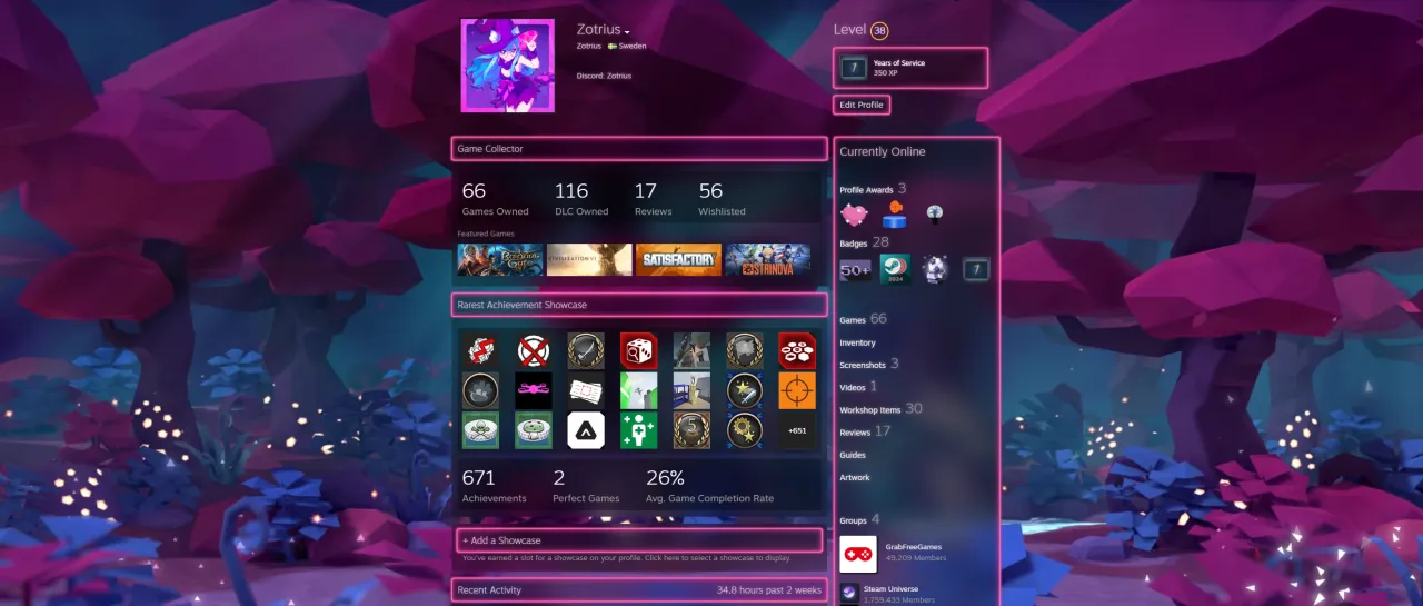 Profil Steam z gablotami i wysokim poziomem