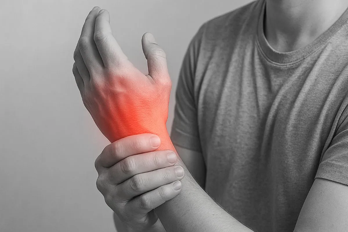 Ból nadgarstka z czerwonym podświetleniem. Zastanawiasz się, ile trwa rehabilitacja po złamaniu ręki?