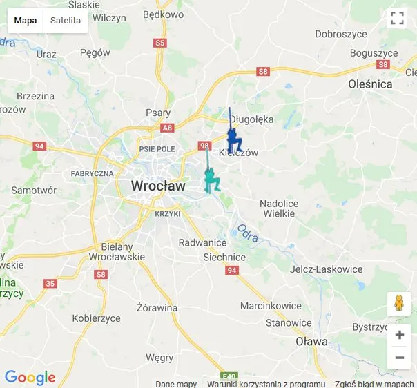 Mapa dojazd do Parku Linowego Opatowicka Wrocław