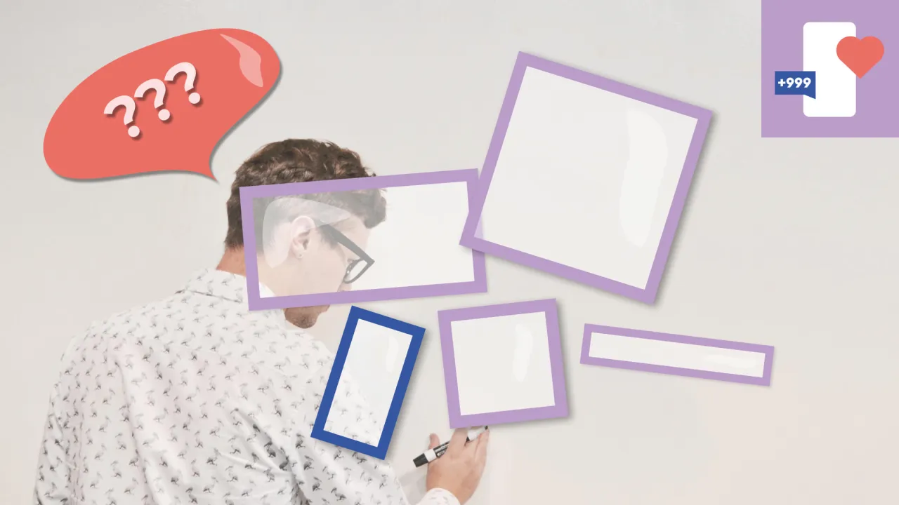 Mężczyzna zastanawia się, jak ustawić blog osobisty na Instagramie. Wok&oacute;ł niego puste ramki i chmurka z pytajnikami.