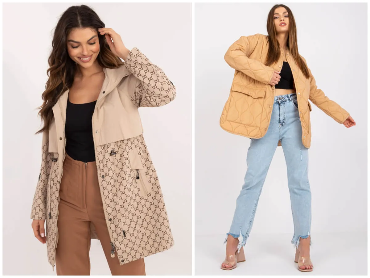 Dwie propozycje: jaka kurtka na wiosnę? Beżowy płaszcz z monogramem lub pikowana kurtka w karmelowym kolorze.