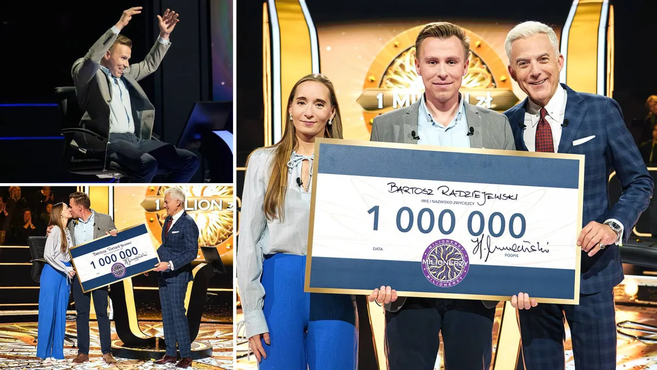 Bartosz Radziejewski wygrał milion w Milionerach. Na zdjęciu radość zwycięzcy, wręczenie czeku i gratulacje.