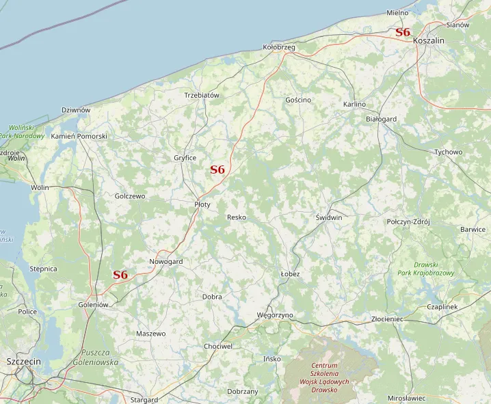 mapa trasy Szczecin Kołobrzeg S6