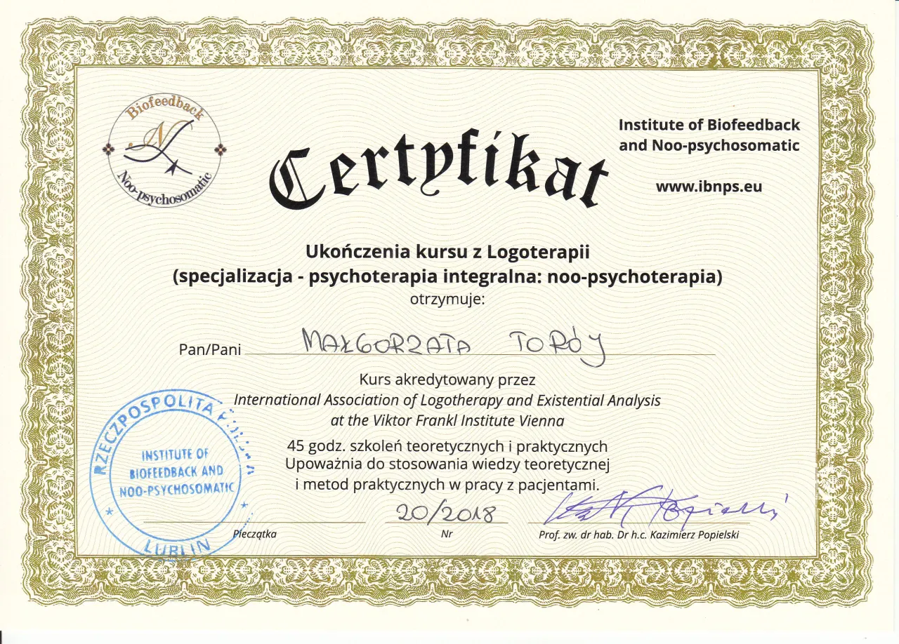 certyfikat ukończenia kursu coachingowego