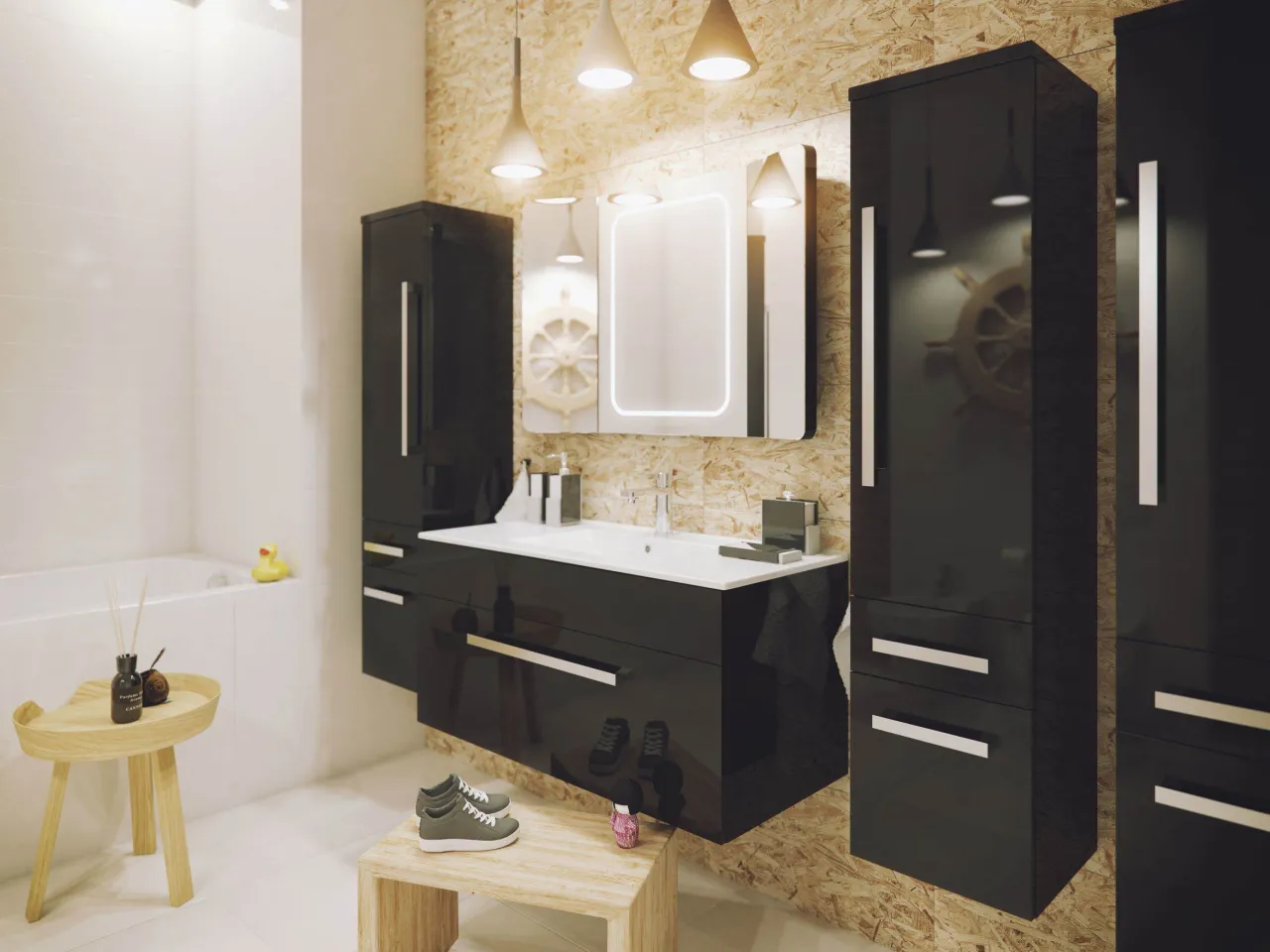 Czarne meble łazienkowe z osadem z mydła