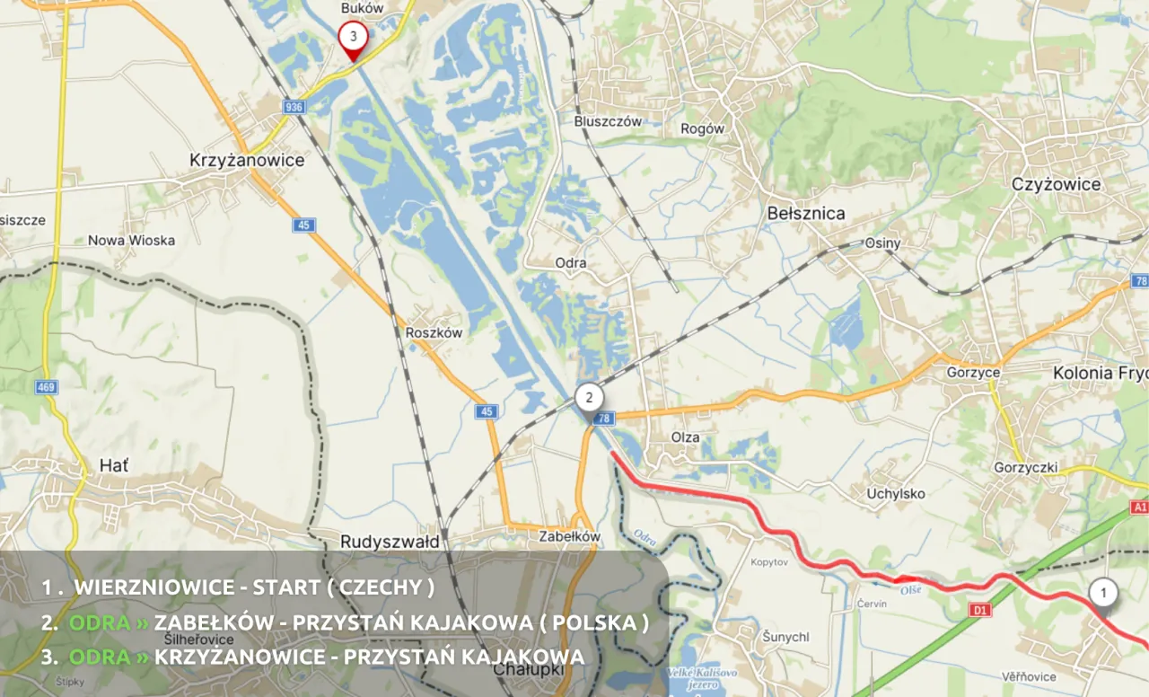 mapa rzeki Ruda trasy spływ&oacute;w kajakowych