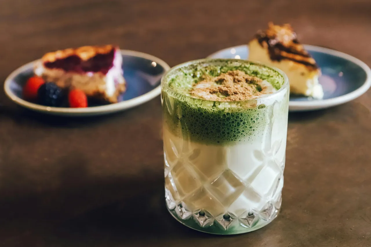 Matcha latte and desserts