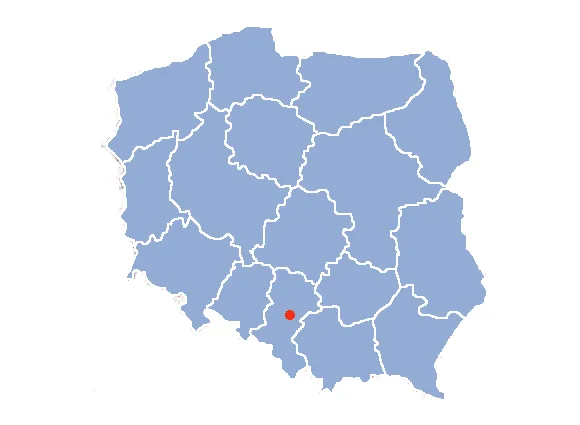 Mapa Polski z zaznaczonymi miastami Lubań, Sosnowiec, Polanka Wielka, Leszno