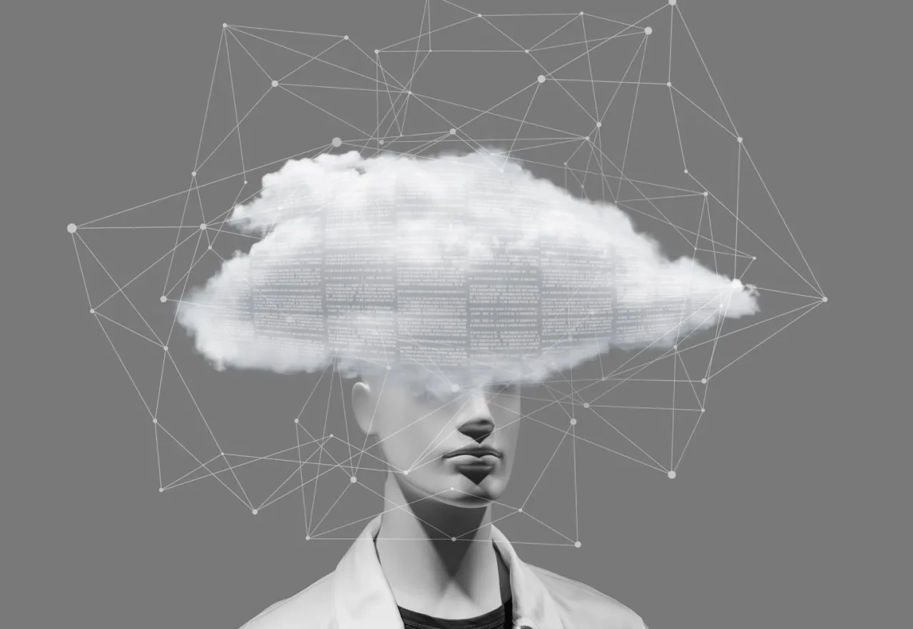 Głowa manekina z chmurą danych i siecią połączeń. To jest abstrakcja, wizualizacja myśli i informacji.