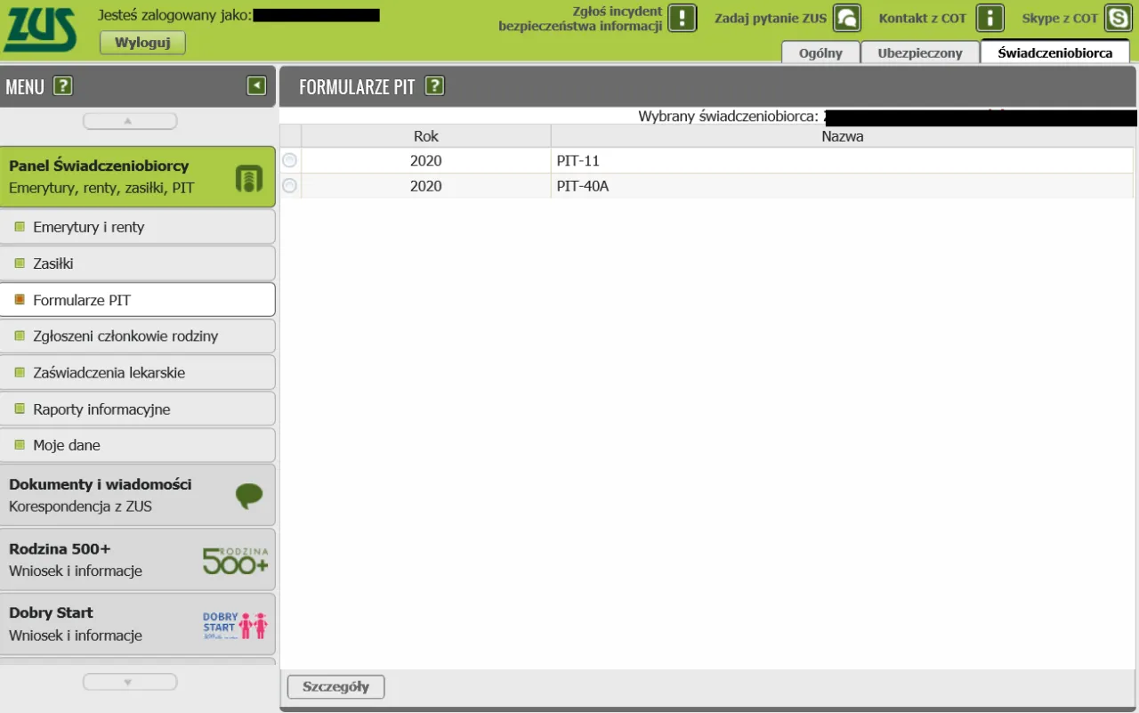 PIT-11A wz&oacute;r formularza ZUS