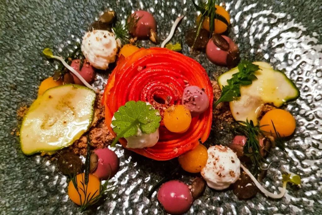 veganes Fine Dining Gericht kunstvoll angerichtet