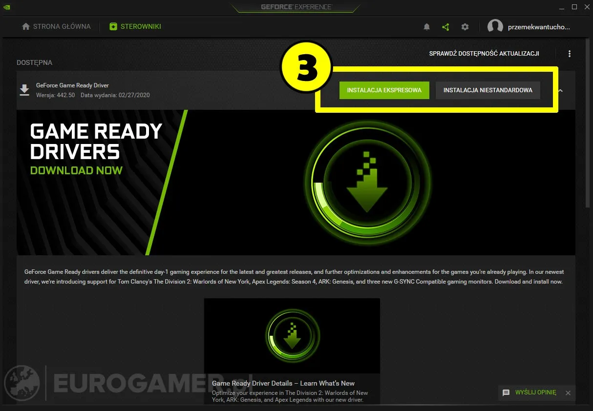 Strona pobierania sterowników NVIDIA