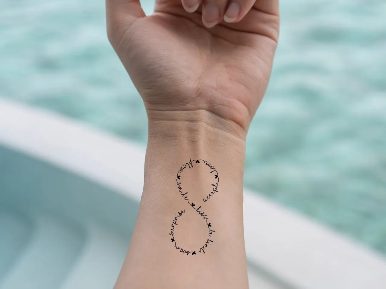 tatuaż nieskończoność z r&oacute;żnymi motywami