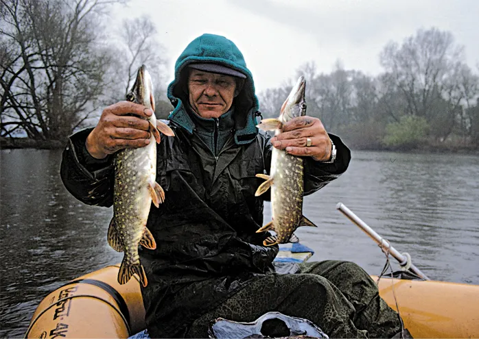 Wędkarz łowiący szczupaki w mętnej wodzie