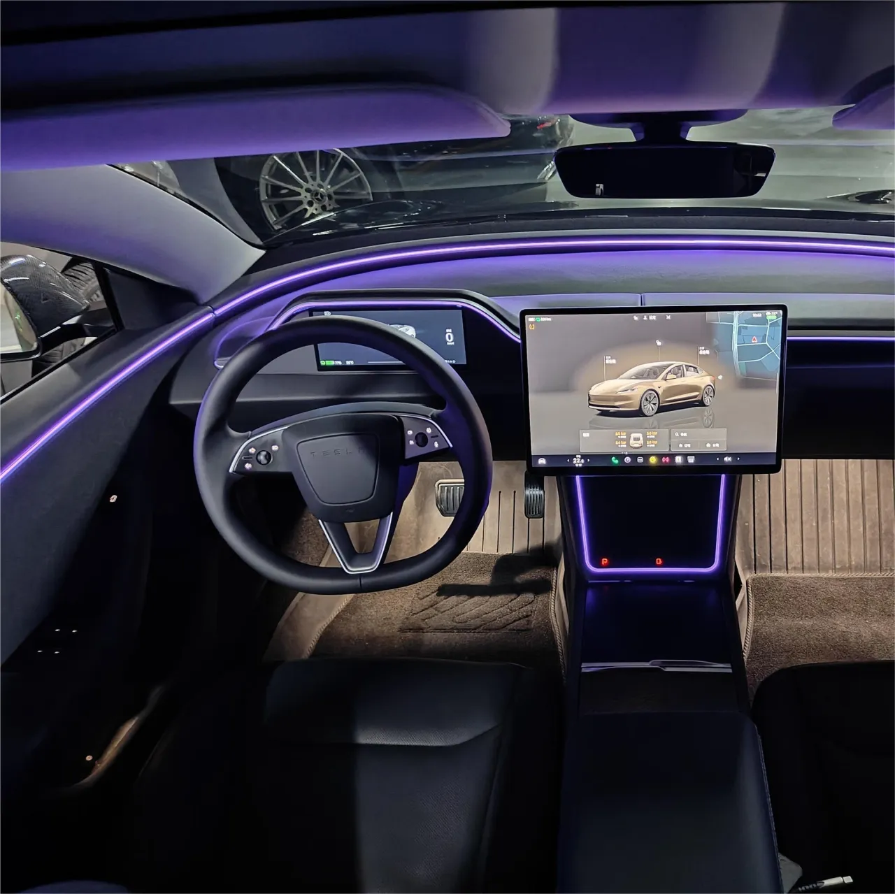 Tesla Model 3 Highland interior ambient lighting screen