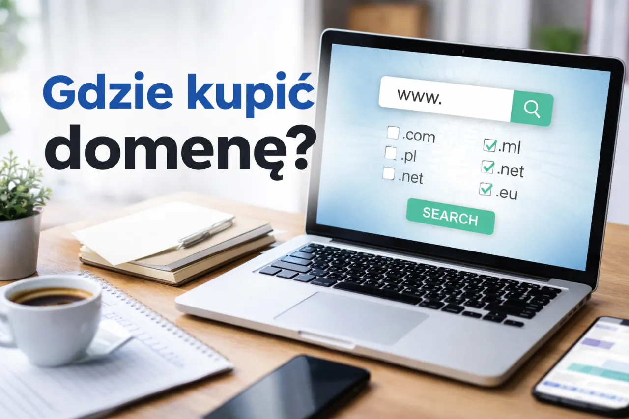 Gdzie kupić domenę? Laptop z wyszukiwarką domen, opcje .com, .pl, .net, .ml, .eu.
