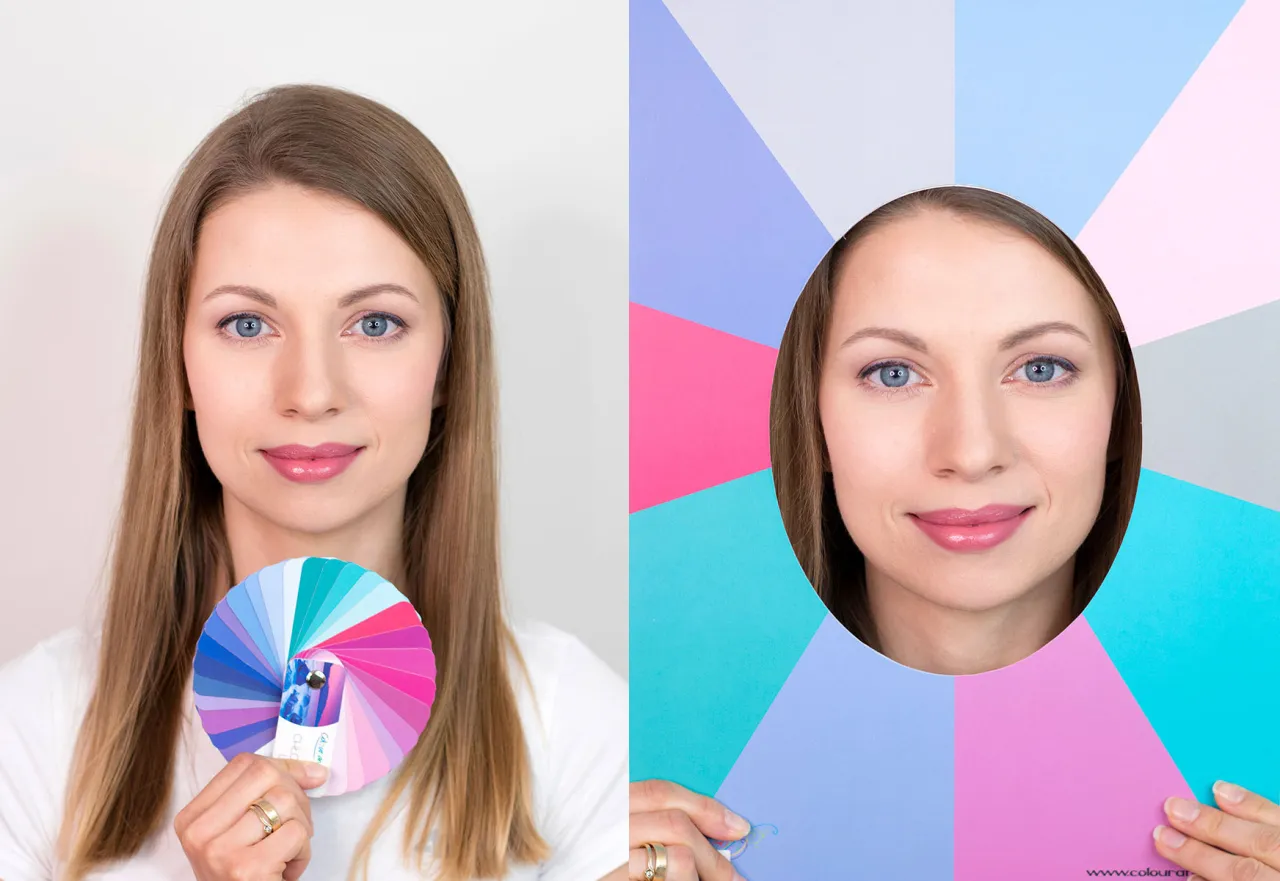 Kobieta z niebieskimi oczami prezentuje paletę barw, idealną na chłodne lato. Jej twarz otoczona jest pastelowymi kolorami.
