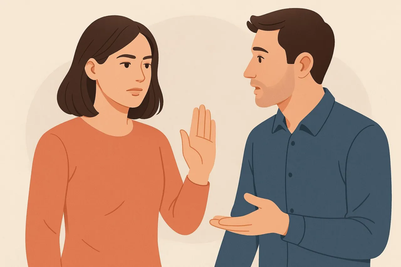 Kobieta asertywnie odmawia, z uśmiechem, bez poczucia winy, ilustracja