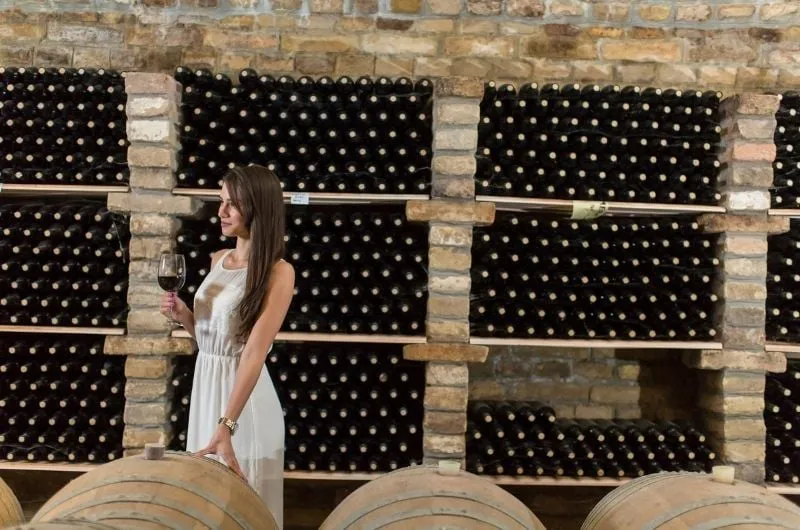 Dojrzewające wino w beczkach i para zakochanych