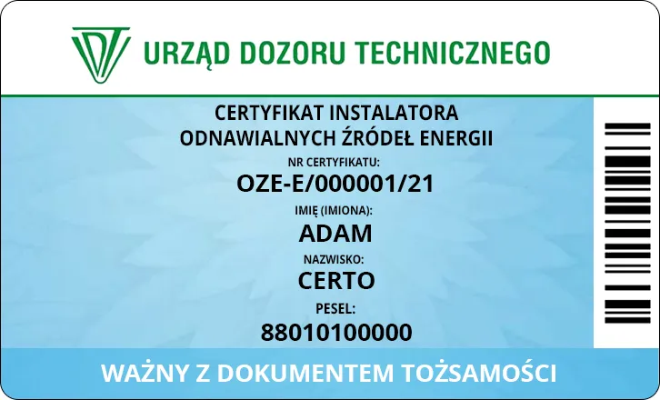 certyfikat instalatora OZE UDT lub instalacja fotowoltaiczna