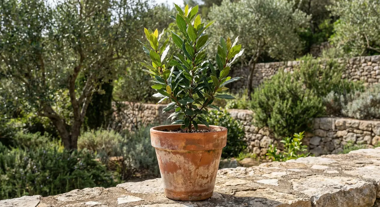 Młody liść laurowy w glinianej doniczce, gotowy do uprawy w domu lub ogrodzie.