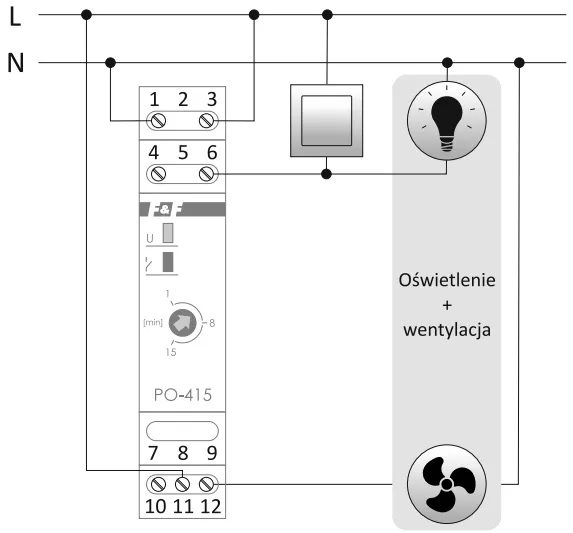 schemat wyłącznika czasowego din oznaczenia zacisków L N COM NO NC