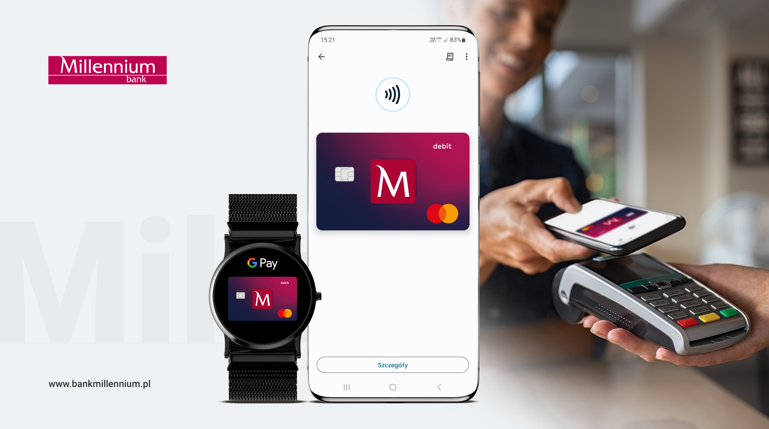 Jak płacić telefonem Millenium? Zbliż kartę w aplikacji Google Pay na telefonie lub zegarku do terminala płatniczego.