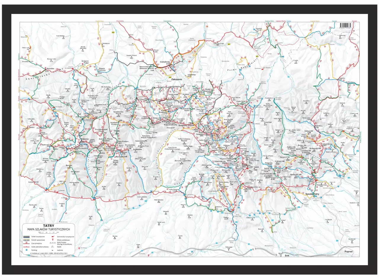 Mapa Tatr z zaznaczonymi szlakami turystycznymi, punktami widokowymi i parkingami. Widać tu m.in. Zakopane, Dolinę Kościeliską i szlak prowadzący do bac&oacute;wka małe ciche.